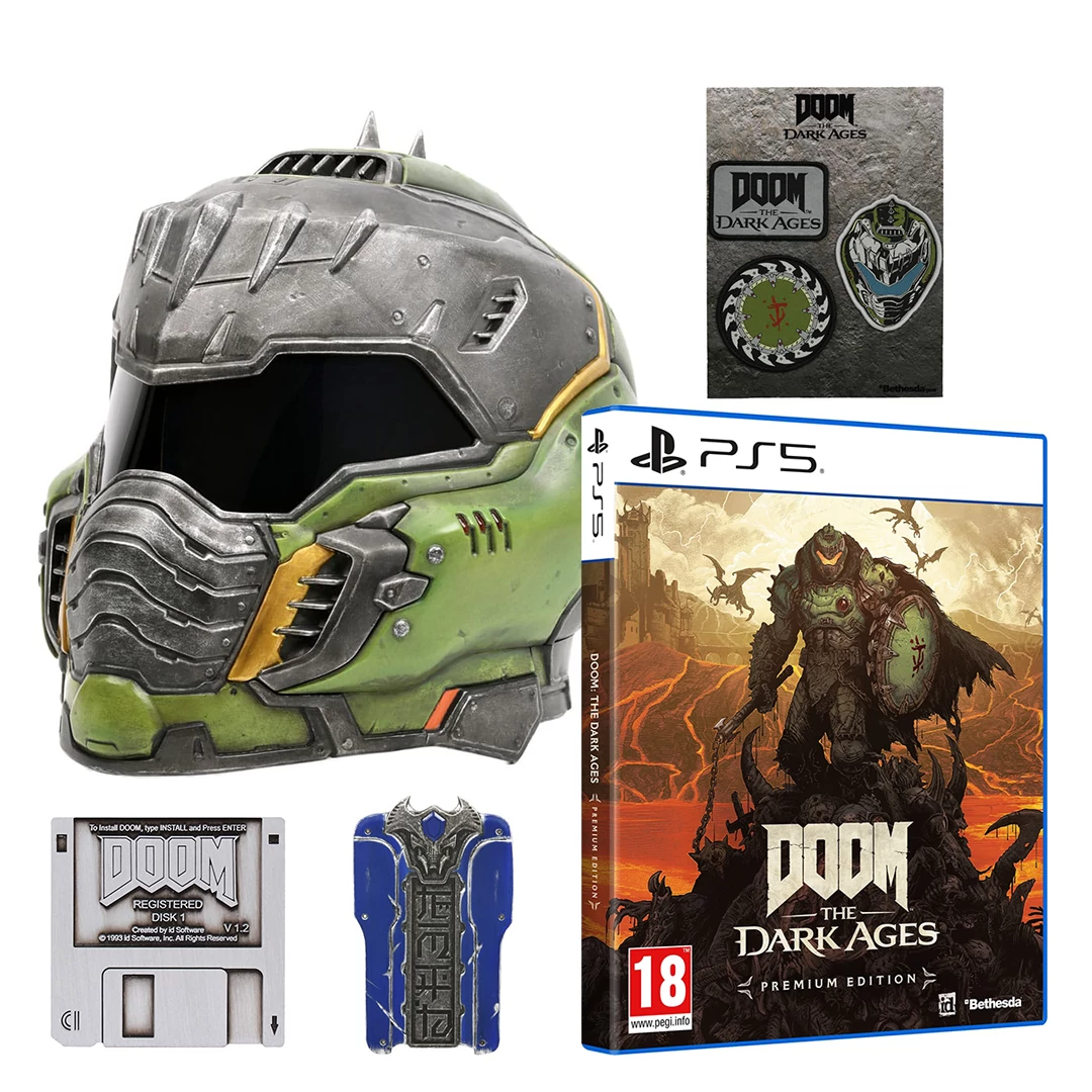 DOOM The Dark Ages Premium Edition (PS5) + DOOM Slayer Helmet Replica + ajándék kitűző